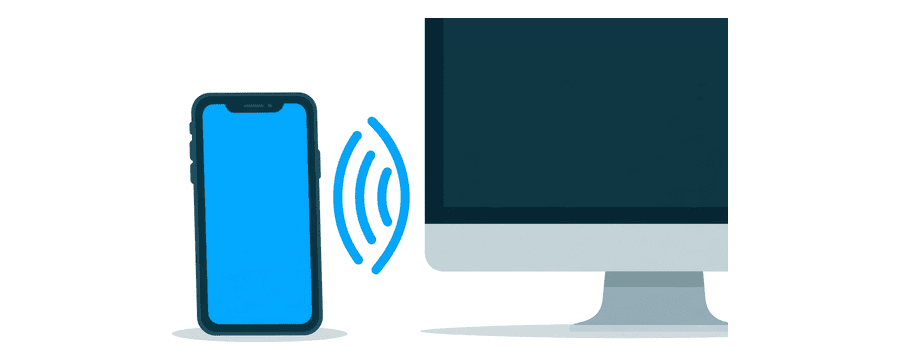 Illustration: ein Smartphone und ein Desktop-Bildschirm mit blauen Signalbögen im Raum dazwischen