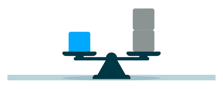 Illustration: eine Waage mit einem kleinen blauen Quadrat auf einer Seite und einem Stapel grauer Quadrate auf der anderen