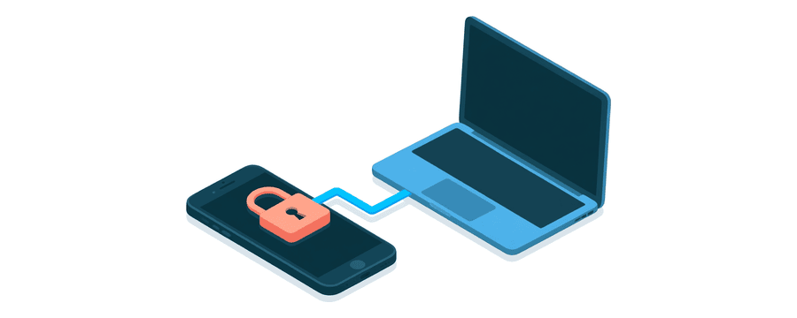 Ilustración: un smartphone mostrando un candado abierto, unido por una línea azul a un ordenador portátil
