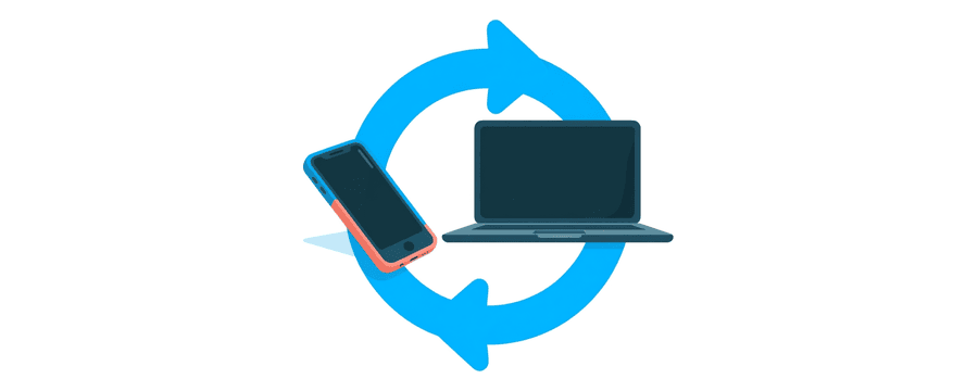 Ilustración: un smartphone y un ordenador portátil rodeados por una gran flecha circular azul
