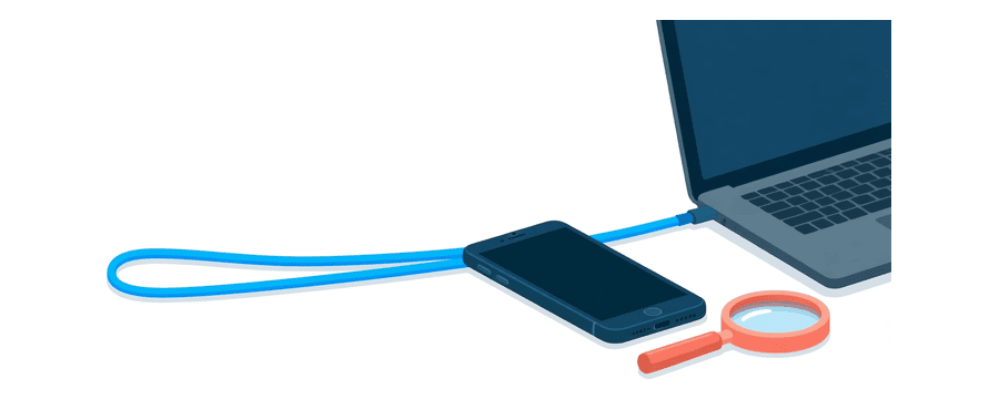 Ilustración: un cable azul recto entre un smartphone y un ordenador portátil, con una lupa coral junto al smartphone