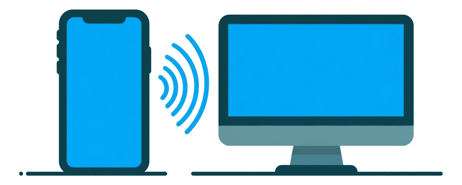 Illustration: ein Smartphone und ein Desktop-Bildschirm mit blauen Signalbögen im Raum dazwischen