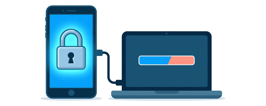 Illustration : un téléphone déverrouillé avec un cadenas ouvert à l'écran, relié par un câble à un ordinateur portable qui affiche une barre de progression