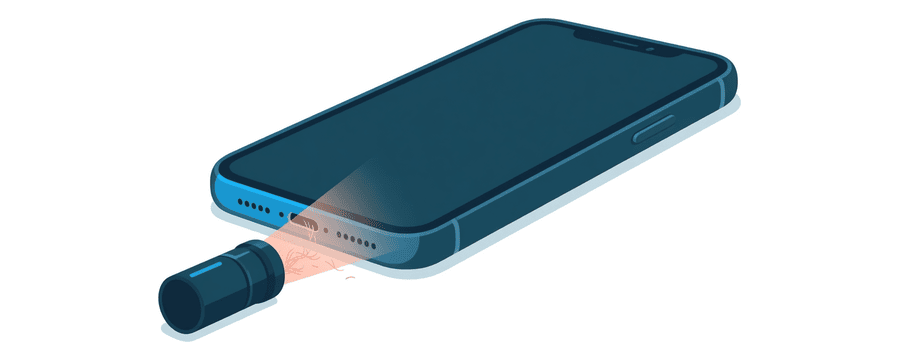 Illustration : une petite lampe torche éclairant le port de charge d'un téléphone et révélant des peluches à l'intérieur