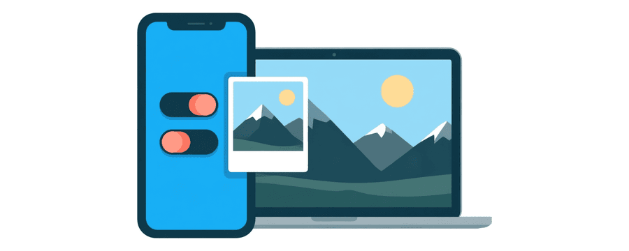 Illustration : un téléphone avec deux interrupteurs activés, glissant une photo vers un ordinateur portable qui affiche un paysage