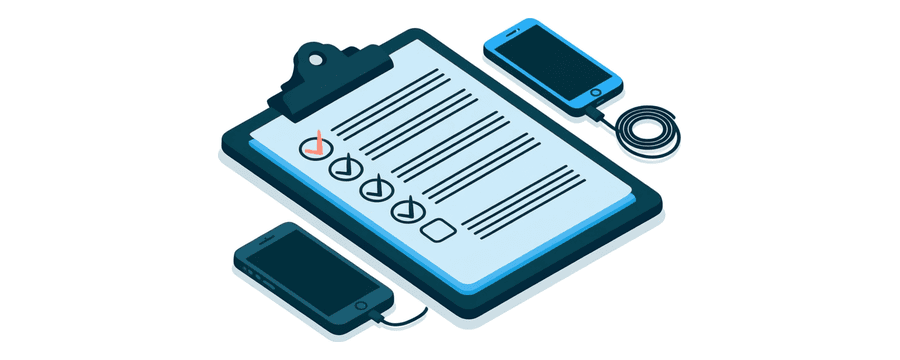 Illustration : un porte-bloc tenant une liste dont les premières cases sont cochées, à côté d'un téléphone et d'un câble enroulé