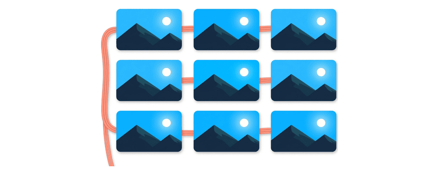 Illustration: ein Raster aus neun kleinen marineblauen Fotokarten, jede mit einer einfachen Berg und Sonne Landschaft, mit einem kurzen korallenfarbenen Kabel am linken Rand