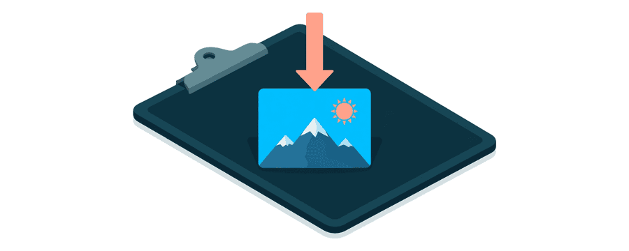 Illustration: ein flach liegendes Klemmbrett mit einer marineblauen Platte, das eine blaue Fotokarte mit einer einfachen Berg und Sonne Landschaft hält, mit einem kleinen korallenfarbenen Pfeil nach unten