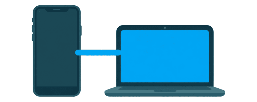 Illustration: ein Smartphone und ein Laptop nebeneinander, verbunden durch eine kurze gerade blaue Linie
