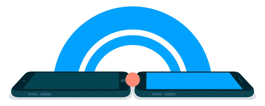 Illustration: zwei Smartphones, verbunden durch einen kleinen korallenfarbenen Punkt und drei breite blaue Bögen