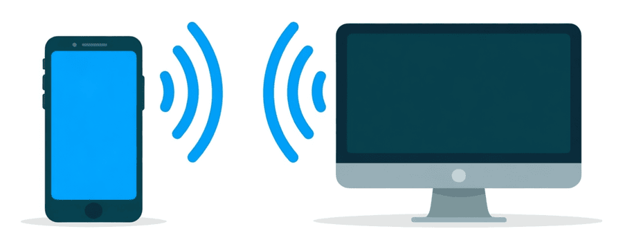 Illustration: a smartphone and a desktop monitor with blue signal arcs in the gap between them