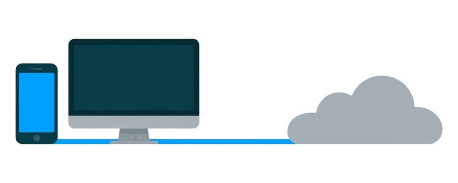 Illustration: a smartphone and a monitor joined by a blue line, with a grey cloud far away to the right