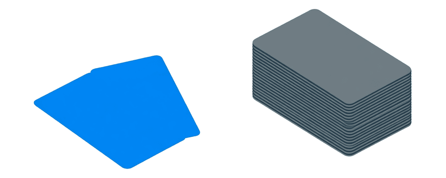 Illustration: one small blue card on the left and a tall stack of grey cards on the right
