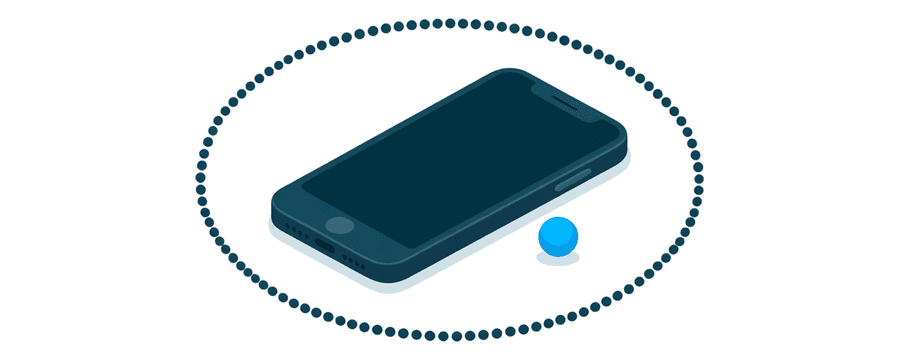 Illustration: ein Smartphone in der Mitte eines breiten Rings aus kleinen marineblauen Punkten, mit einem leuchtend blauen Punkt dicht daneben innerhalb des Rings