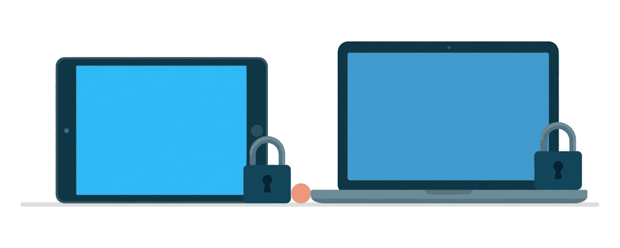 Illustration: ein Tablet und ein Laptop nebeneinander, jeweils mit einem kleinen geschlossenen marineblauen Vorhängeschloss darauf und einem bernsteinfarbenen Punkt zwischen beiden