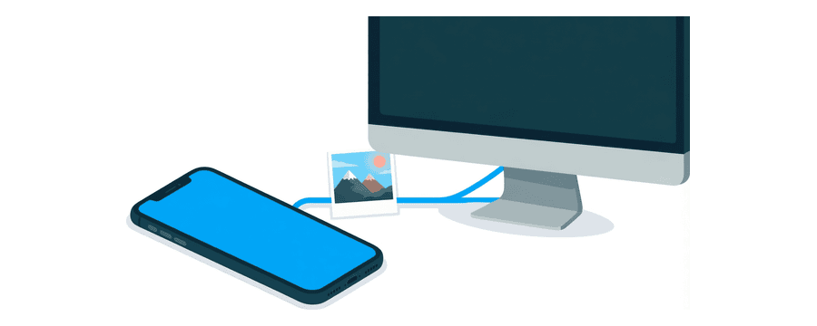 Illustration: ein Smartphone und ein Desktop-Bildschirm nebeneinander, verbunden durch eine leuchtend blaue Linie mit einer kleinen Miniatur von Berg und Sonne