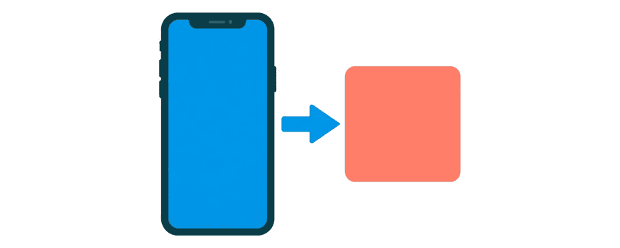 Illustration: ein Smartphone links und eine quadratische korallenfarbene Karte rechts, mit einem geraden blauen Pfeil, der auf das Smartphone zeigt