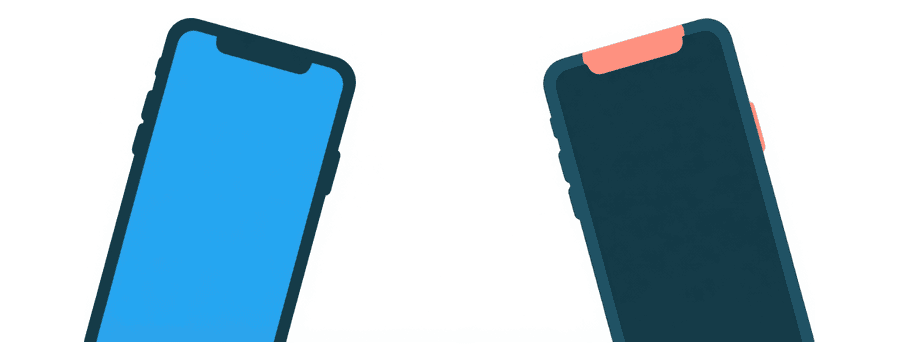 Illustration: zwei flach liegende Smartphones mit den oberen Kanten zueinander, mit einer großen Lücke zwischen ihnen