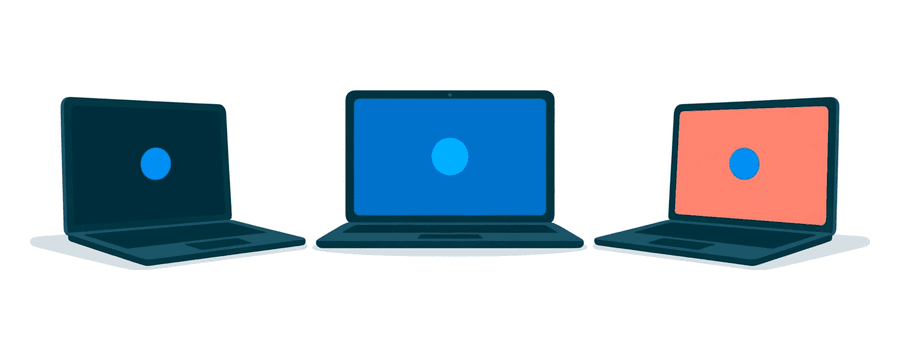Illustrazione: tre laptop in fila, ciascuno con il proprio piccolo cerchio blu sullo schermo