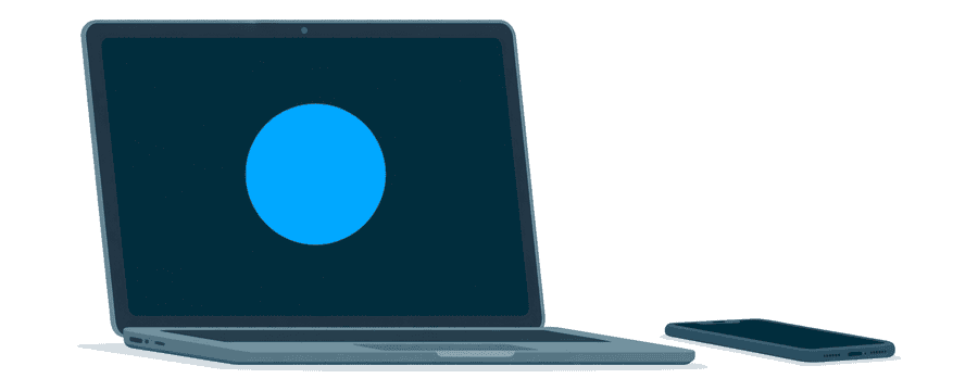 Illustrazione: un laptop che mostra il proprio cerchio blu della fotocamera, con uno smartphone appoggiato molto lontano