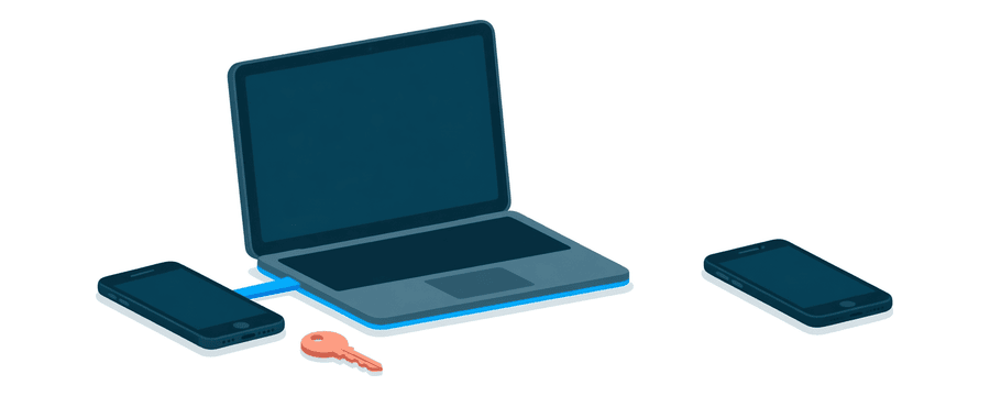 Illustrazione: uno smartphone collegato a un laptop accanto a una chiave corallo, con un secondo smartphone molto lontano
