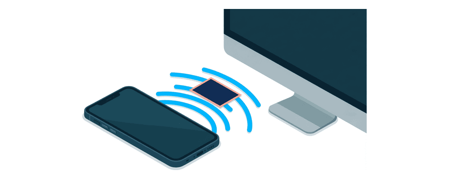 Illustration: ein Smartphone und ein Desktop-Bildschirm, getrennt durch drei geschwungene blaue Signalbögen, eine kleine Fotokarte liegt auf dem mittleren Bogen