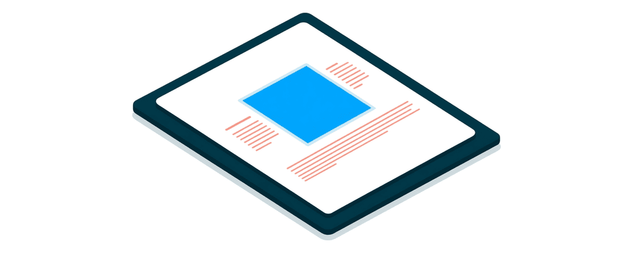 Illustration: eine marineblau umrandete Dokumentseite mit einer blauen Fotokarte in der Mitte, an drei Seiten von kurzen korallenfarbenen Textzeilen umgeben