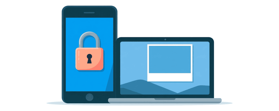 Illustration: ein Handy mit einem Schloss auf der Fotogalerie neben einem Laptop, der einen leeren Bilderrahmen zeigt