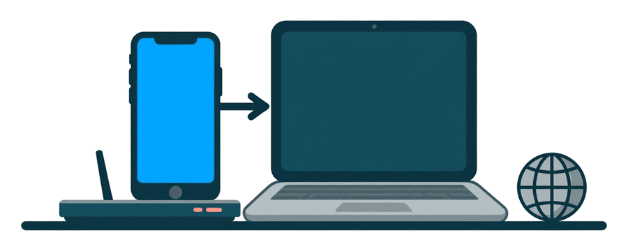 Illustration: ein Handy, das ein Foto direkt an einen Laptop neben einem Internet-Router sendet, mit einem beiseitegeschobenen Globus-Symbol