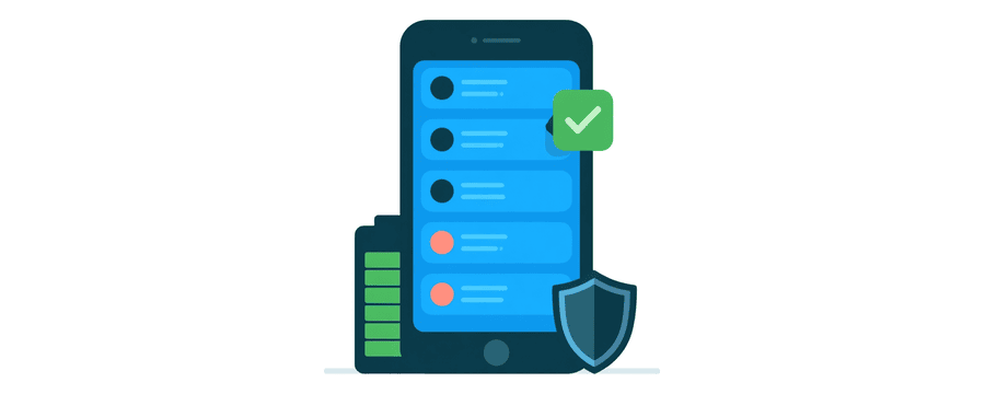Illustration: eine App-Liste auf einem Handy, bei der eine Zeile ein Häkchen bekommt, neben einem Akkusymbol mit Schild