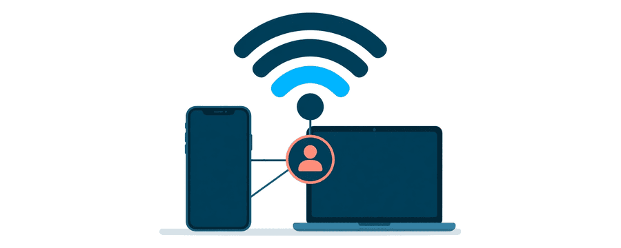 Illustration: ein Handy und ein Laptop unter demselben WLAN-Symbol, beide mit einem einzigen Konto-Abzeichen verbunden