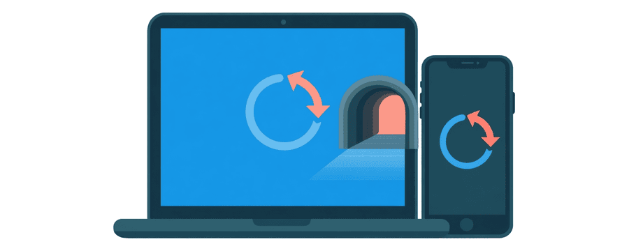 Illustration: ein Laptop und ein Handy, jeweils mit einem Update-Pfeil darüber, mit einem erloschenen Tunnel zwischen beiden