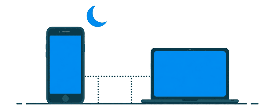 Illustration: ein Handy unter einer Mondsichel mit einer unterbrochenen gestrichelten Linie, die zu einem Laptop verläuft
