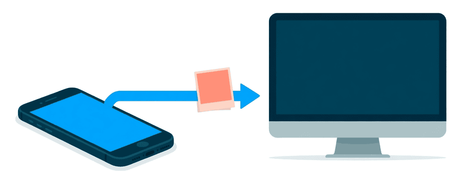 Illustration: a smartphone at the left and a desktop monitor at the right, joined by one straight blue arrow with a small coral picture card resting on its middle