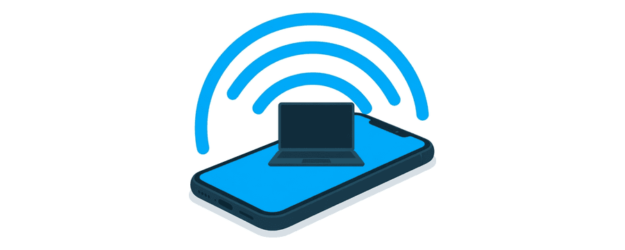 Illustration: a smartphone with three wide curved blue signal arcs spreading from it, and a small navy laptop lying inside the outermost arc