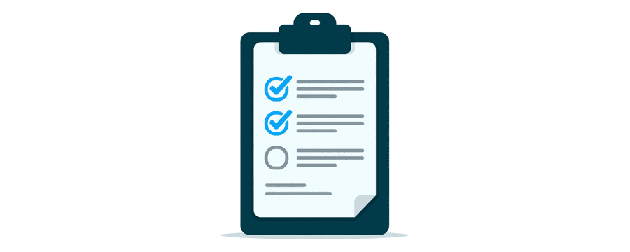 Illustration: a clipboard checklist with the first three round boxes ticked in blue