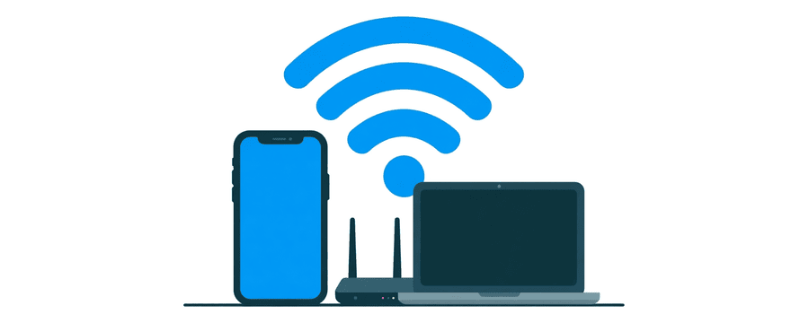 Illustration: a phone and a laptop under one big Wi-Fi symbol, with a home router between them