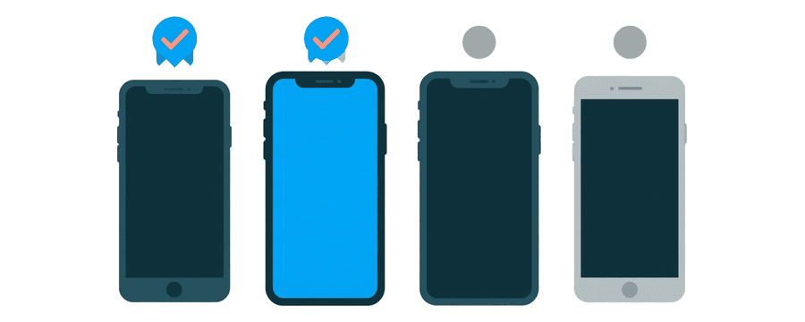 Illustration: four phones in a row, two with blue check marks above them and two with grey dots