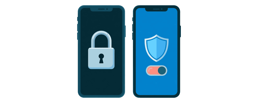 Illustration: one phone showing an open padlock, and a second phone showing a shield above a switch turned off