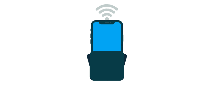 Illustration: a panel sliding up on a phone screen while a pale grey Wi-Fi symbol sits above it