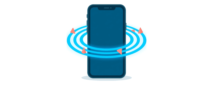 Illustration: a phone giving off wide blue signal rings, with small coral triangles on the outer rings