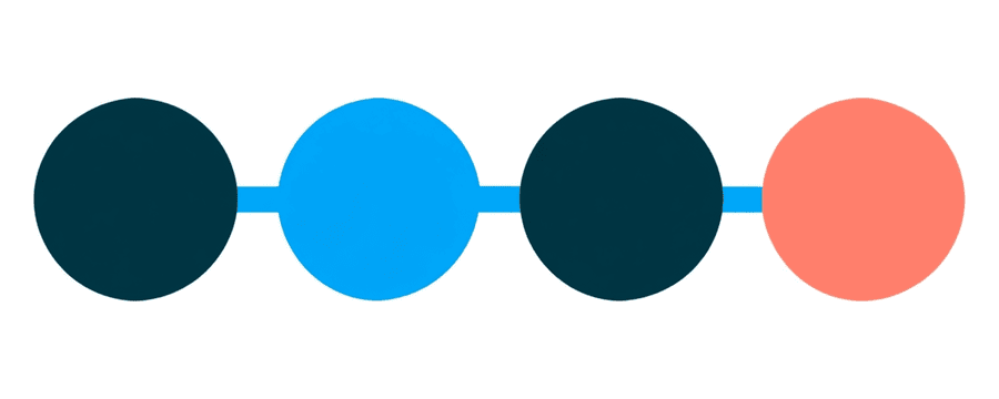 Illustration: vier kleine marineblaue Kreise in einer Reihe, verbunden durch eine feine blaue Linie, der letzte Kreis in Korallrot