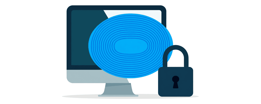 Illustration: die Silhouette eines Desktop-Bildschirms neben einem offenen marineblauen Vorhängeschloss, dazwischen ein blaues Oval aus konzentrischen Linien