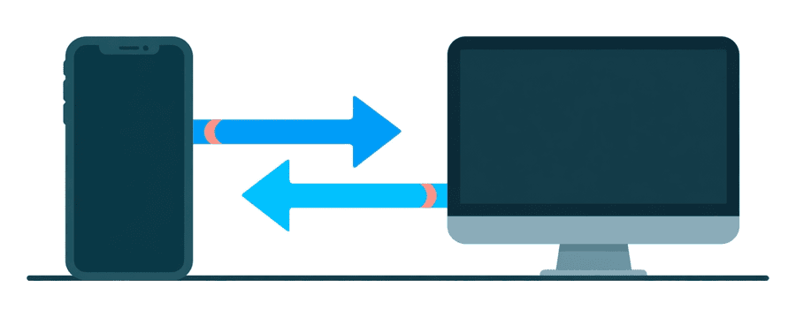 Illustration: ein Smartphone und ein Desktop-Bildschirm nebeneinander, dazwischen ein blauer Pfeil nach rechts und einer nach links