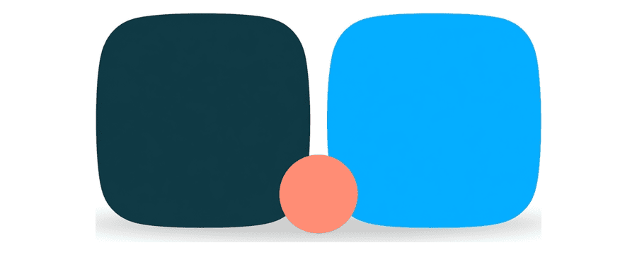 Illustration: zwei identische abgerundete App-Kacheln nebeneinander, eine marineblau und eine leuchtend blau, mit einem kleinen korallenroten Kreis dazwischen