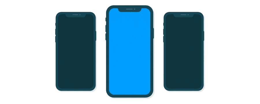 Illustration: drei Smartphone-Silhouetten in einer Reihe, die mittlere in leuchtendem Blau und die beiden anderen marineblau, mit viel Weiß ringsum