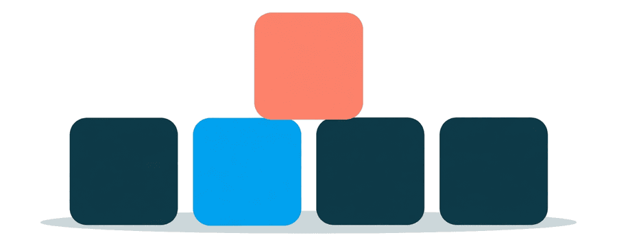 Illustration: vier kleine marineblaue Quadrate in einer Reihe, mit einem korallenroten Quadrat leicht oberhalb der Reihe