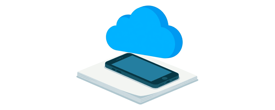 Illustration: a smartphone hovering over a sheet of paper, with a blue cloud shape above it