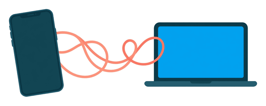 Illustration: a smartphone and a laptop joined by a long looping coral line