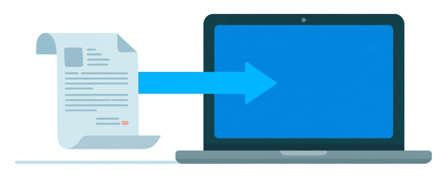 Illustration: a document page moving along one short straight blue arrow into a laptop screen